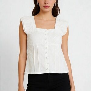 august silk White Square-Neck Button Front Flutter Sleeve Top